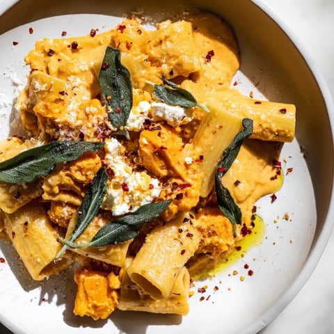 Golden-brown Viral Sweet Potato Goat Cheese Sage pasta dish ready to be served, topped with crispy sage.