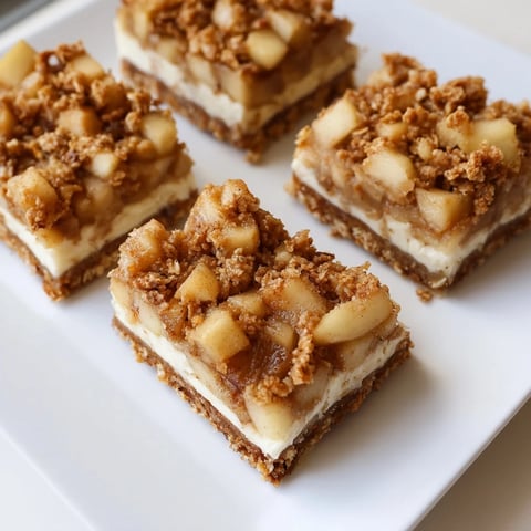 Golden-brown Apple Crisp Cheesecake Bars, a layered dessert with a crisp oat topping.