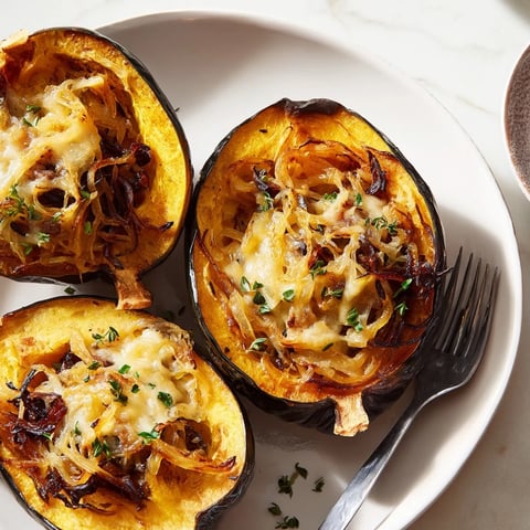 Golden, bubbly Caramelized Onion Gruyere Acorn Squash, a vegetarian delight ready to serve.