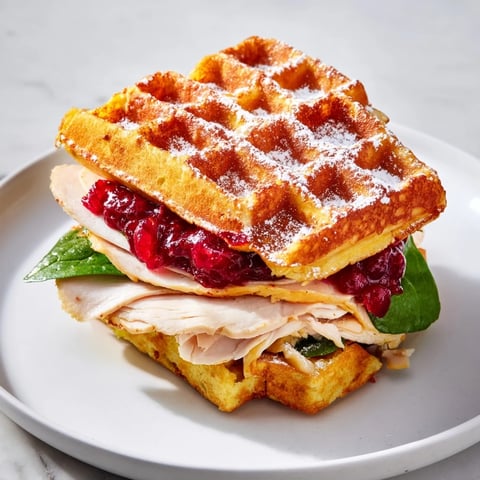 Golden, toasted waffle sandwich filled with turkey, cranberry sauce, and melted cheese, a holiday brunch delight.