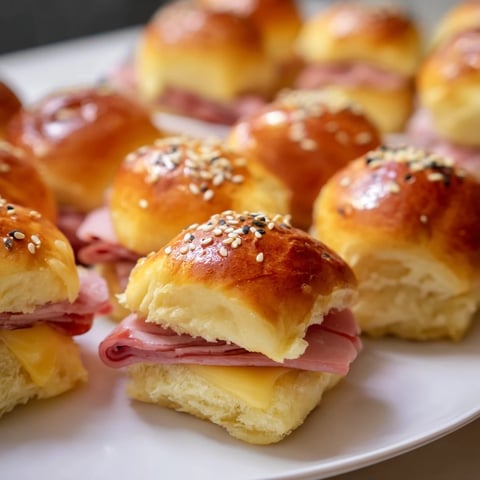 Golden-brown Budget-Friendly Ham & Cheese Sliders, showcasing layers of melty cheese and tender ham.