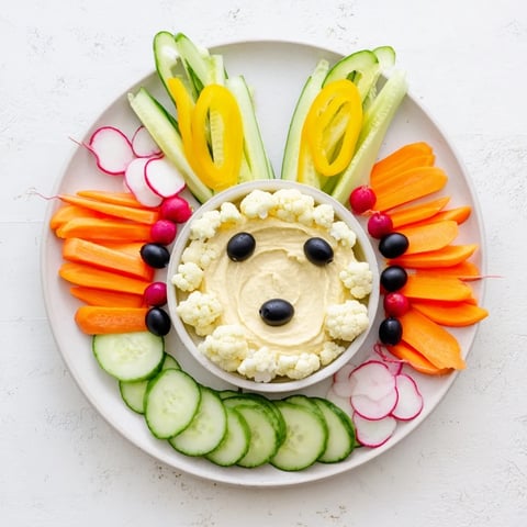Bunny Meadow Veggie Board: Vibrant veggie platter with a whimsical bunny design, perfect for springtime snacking and entertaining.