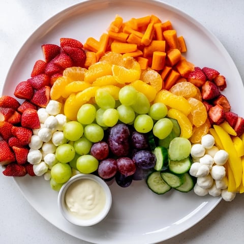 Colorful Rainbow Cloud Snack Board arranged whimsically with fresh fruit and vegetable rainbows.