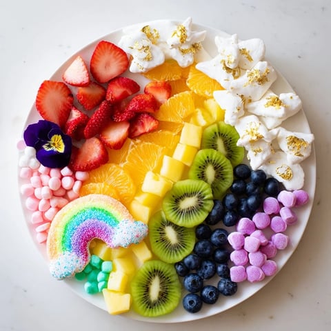 Magical Unicorn Rainbow Dessert Board overflowing with colorful fruits and candies, a sweet party treat.