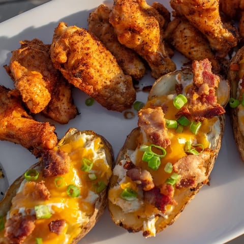 A colorful Touchdown Football Tailgate Spread with crispy wings, cheesy potato skins, and veggie sticks.