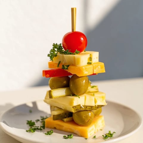 Festive Cube Cheese Stack with vibrant cheese cubes and garnishes stacked on party picks.