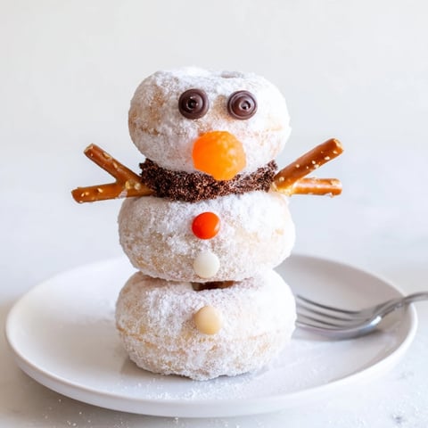 Festive mini donut snowman stacks, ready to eat, a fun and easy holiday dessert.