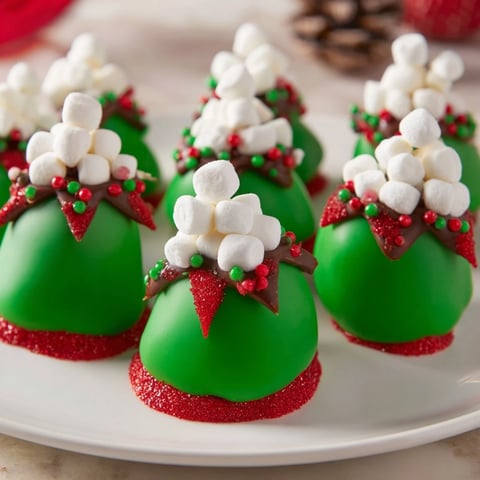 Chocolate-covered elf hat strawberries, whimsical holiday treats with red and white candy accents and sprinkles.