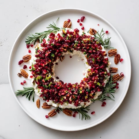 Vibrant Cranberry Feta Dip Wreath, studded with pecans and rosemary, offers a delightful holiday appetizer.