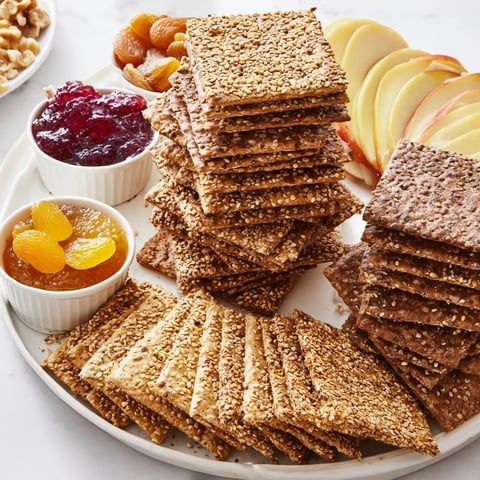 Stacked gourmet crackers, preserves, and fruit create an inviting Gourmet Cracker board for sharing.