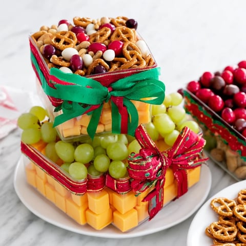 Stacked Christmas Gift Snack Tower: a colorful display of cheese, pretzels, and sweets, perfect for gifting.