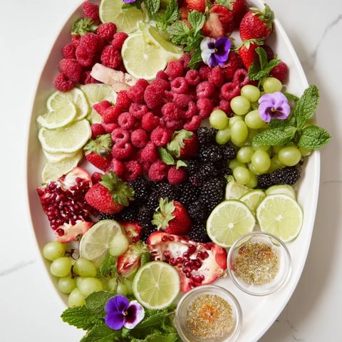 Vibrant Bubbly Bar Garnish Platter showcasing fresh berries, citrus wheels, and edible flowers arranged elegantly.