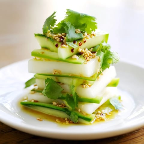Crisp jicama and cucumber slice stacks drizzled with zesty lime-chili dressing for a vegan appetizer.
