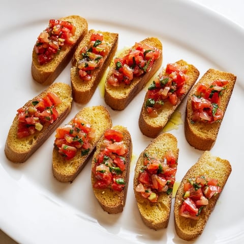 Golden, crispy Bruschetta toasts are arranged diagonally, topped with vibrant tomato and basil.