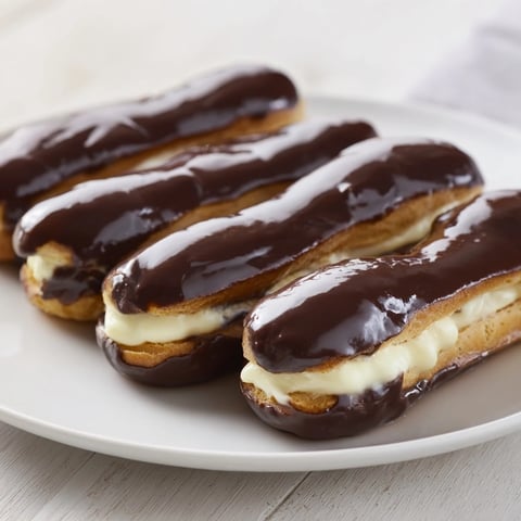 Mini chocolate éclairs in a row: a close-up of glazed, beautiful dessert treats ready to eat.