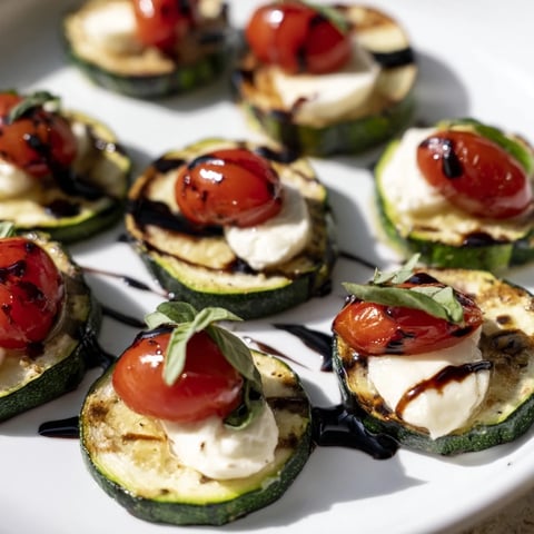 Fresh Zucchini Caprese Bites, baked zucchini topped with mozzarella, tomatoes and basil, glistening with balsamic.