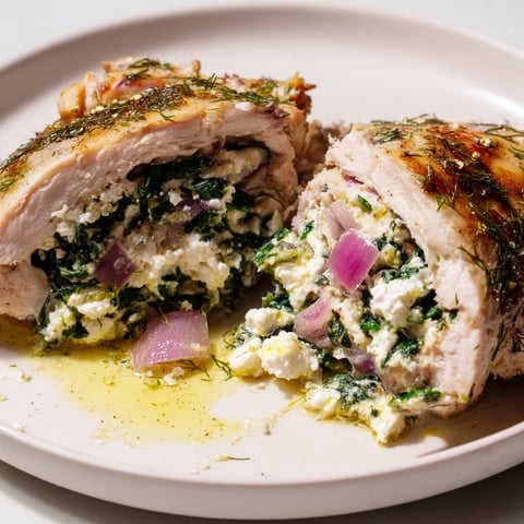 Spinach Feta Stuffed Chicken, golden-brown and juicy, promises a delicious Greek-inspired meal.