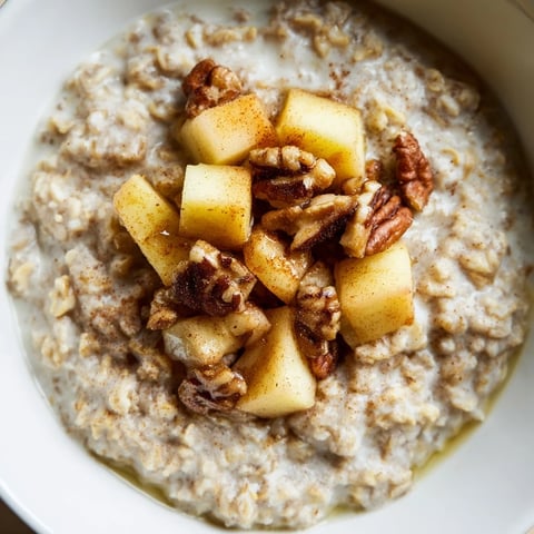 A warm bowl of apple pie oatmeal, featuring tender apples and creamy, spiced oats.