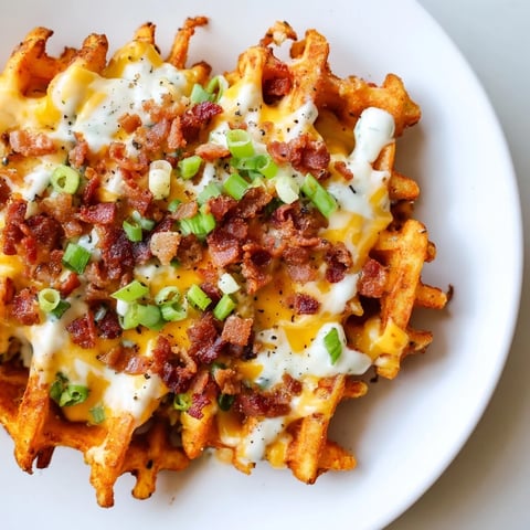 Loaded Sweet Potato Fries piled high with melted cheddar, ranch drizzle, bacon, and green onions.