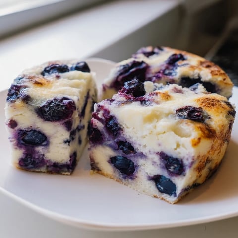 Golden, bubbly Blueberry Cottage Cheese Bake, served warm with plump, juicy blueberries for breakfast.