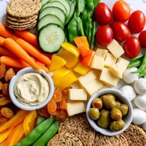 Vibrant Veggie Snack Board showcasing colorful vegetables, cheeses, and dips, perfect for an adult lunch.