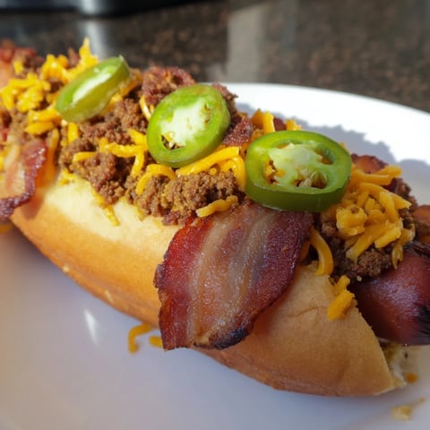 Close-up shot shows juicy Mexican Hot Dogs with crispy bacon and fresh jalapeños, ready to serve.