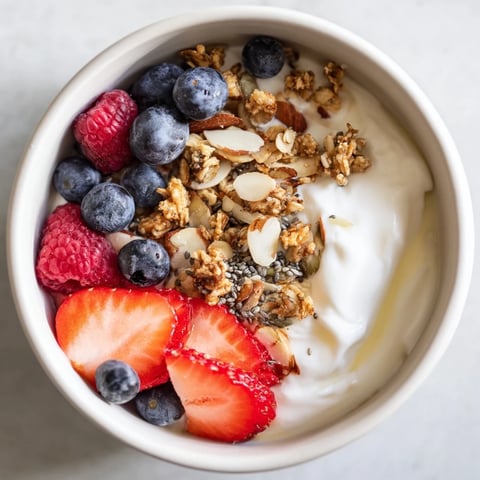 Creamy Dry Yogurt Bowl with fresh berries, crunchy granola, and a sprinkle of nuts, ready to eat.
