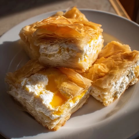 Golden and flaky Serbian Gibanica, a layered cheese pie with a wonderfully savory filling.