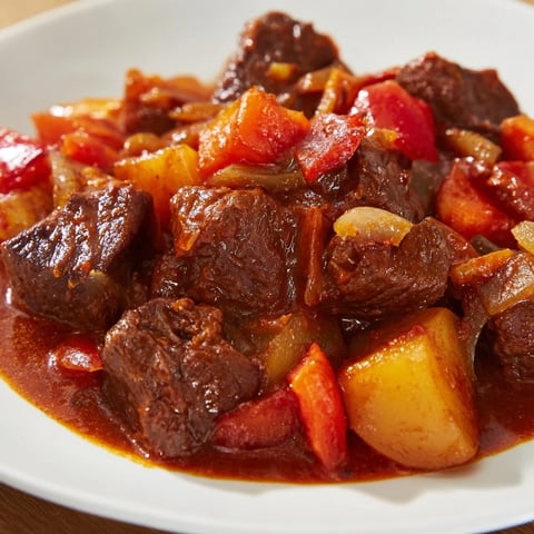 Tender beef and vegetables simmer in a pot creating a steaming bowl of Hungarian Goulash.