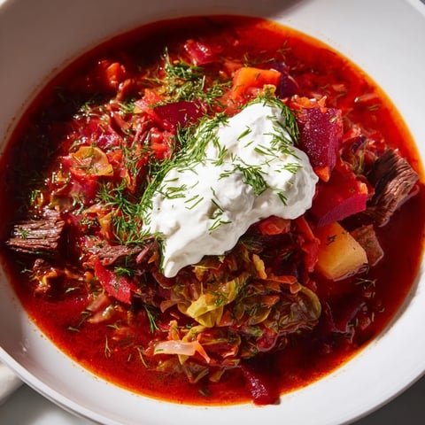 Steaming bowl of Ukrainian Borscht soup, vibrant red with vegetables, topped with creamy sour cream.