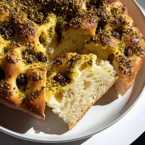 Golden-brown Zaatar Olive Focaccia, with crispy edges and glistening olives, ready to enjoy.
