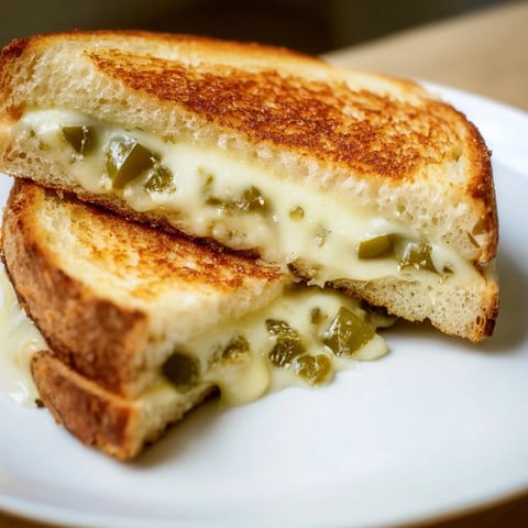 Golden brown jalapeño pepper jack grilled cheese, oozing with melted cheese and spicy peppers.