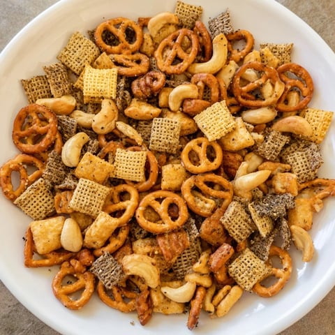 Golden-brown Everything Ranch Cheese and Pretzel Snack Mix, featuring pretzels, cheddar crackers, and cashews, served in a rustic white bowl.  