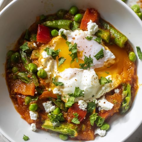 A close-up of Pea and Broad Bean Shakshuka in a skillet, with eggs poached in a vibrant tomato sauce dotted with peas and asparagus.