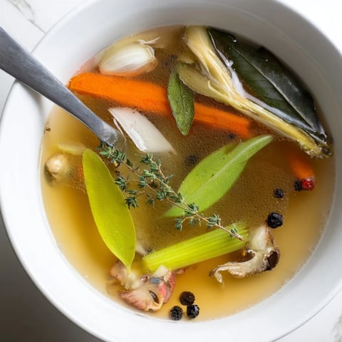 Fragrant homemade Vegetable Broth From Scraps simmering gently, with onion skins and carrot peels visible in the golden liquid.  