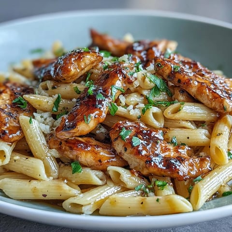 Golden honey glaze coats tender chicken strips and al dente penne pasta, flecked with fresh parsley and a sprinkle of Parmesan on a rustic plate.  