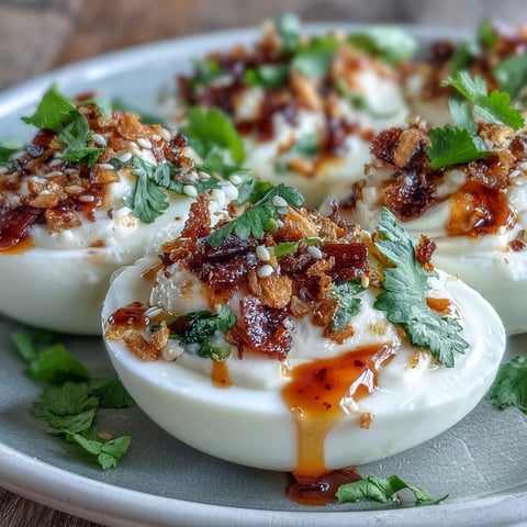 Spicy Chili Garlic Deviled Eggs topped with chili crisp, sesame seeds, and fresh cilantro on a wooden serving platter.