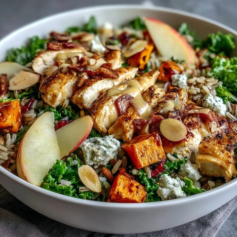 Vibrant Harvest Bowl with roasted chicken, sweet potatoes, and crunchy almonds.