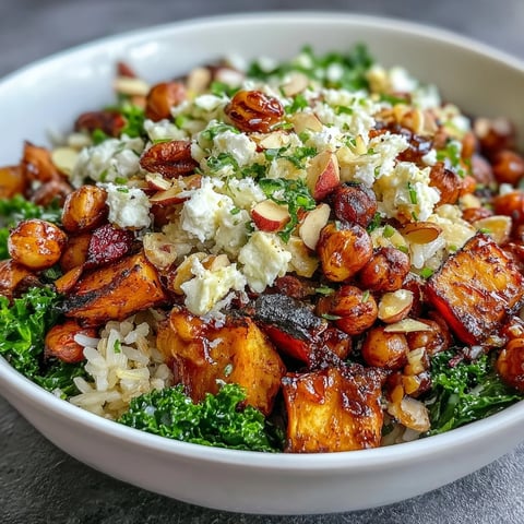 Vibrant Fall Harvest Bowl with roasted sweet potatoes, kale, and creamy feta.