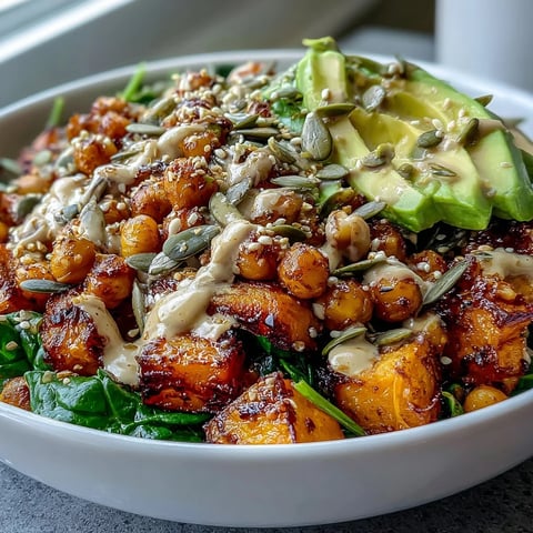 Vibrant roasted sweet potato and chickpea bowl, drizzled with smoky chipotle tahini.