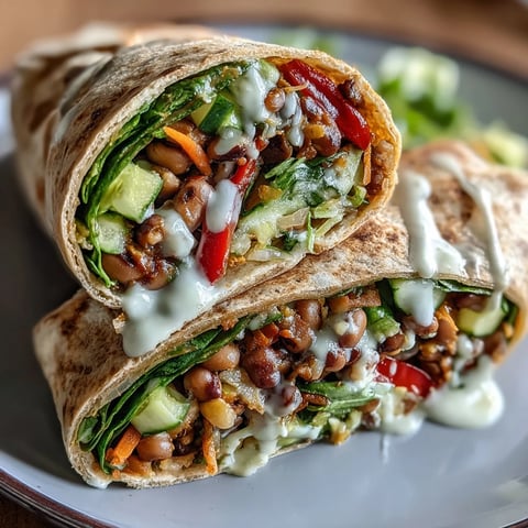 Whole wheat Black-Eyed Pea Wraps stuffed with spinach, carrots, and drizzled with creamy tahini sauce.
