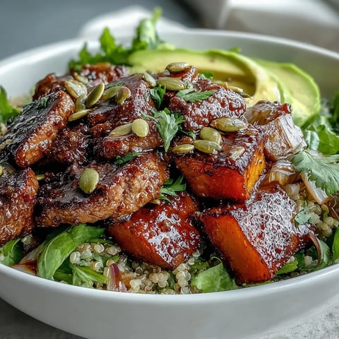 Golden roasted butternut squash steak bowls topped with smoky sliced steak and creamy avocado slices.