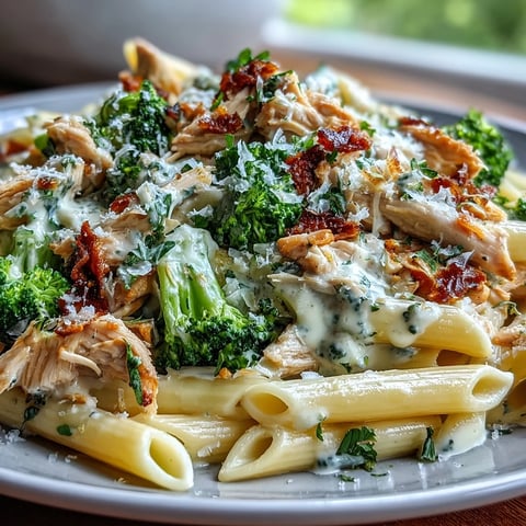 Bright broccoli florets and tender shredded rotisserie chicken toss with whole-wheat penne in a creamy Greek yogurt sauce.