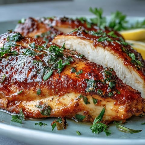 Four seasoned oven-baked chicken breasts rest on a baking sheet with fresh lemon slices and parsley garnish, ready for a healthy dinner.