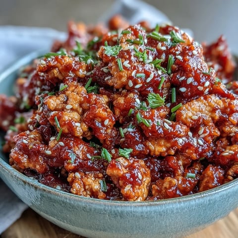 A close-up of Korean-style ground turkey simmering in a glossy, spicy-sweet sauce with flecks of chili and fresh chives.  