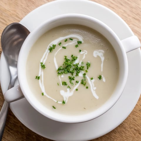 Creamy Celery Root Bisque served warm in a white bowl, garnished with fresh chives and a swirl of cream.