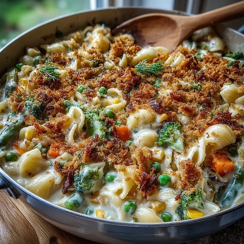 Creamy Veggie Pot Pie Pasta served in a rustic bowl with golden biscuit crumbs, steaming and ready to enjoy.