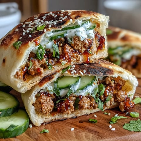 Golden-brown naan bread stuffed with savory Korean turkey and topped with crisp cucumber slices.