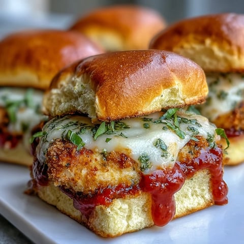 Golden-baked Pesto Chicken Parmesan Sliders on mini brioche buns, layered with melted mozzarella and rich marinara.