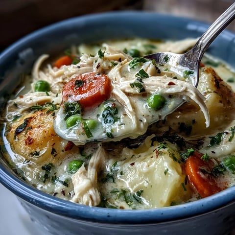 Steaming bowl of Creamy Chicken Pot Pie Soup garnished with fresh parsley, served alongside a buttery biscuit.
